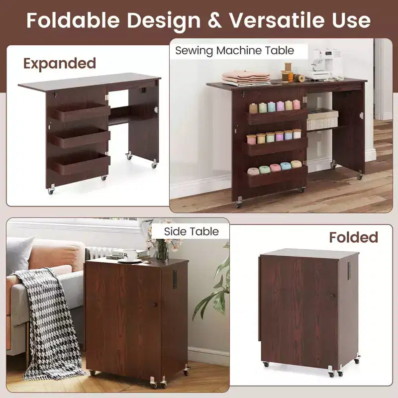 Table pliante pour machine à coudre, roulettes verrouillables, support avec 3 bacs de rangement et prises de courant, blanc/naturel/marron/blanc+naturel