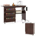 Costway Folding Sewing Machine Table Lockable Casters Rack with 3 Storage Bins & Power Outlets White/Natural/Brown/White+Natural