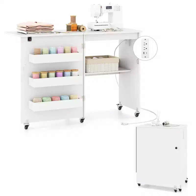 Table pliante pour machine à coudre, roulettes verrouillables, support avec 3 bacs de rangement et prises de courant, blanc/naturel/marron/blanc+naturel