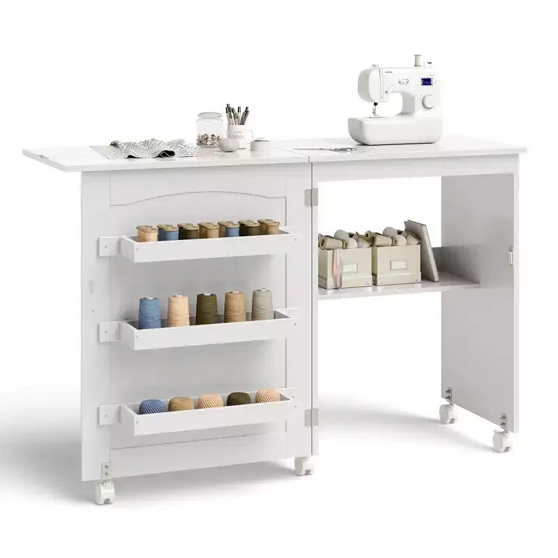 Table pliante pour machine à coudre, roulettes verrouillables, support avec 3 bacs de rangement et prises de courant, blanc/naturel/marron/blanc+naturel