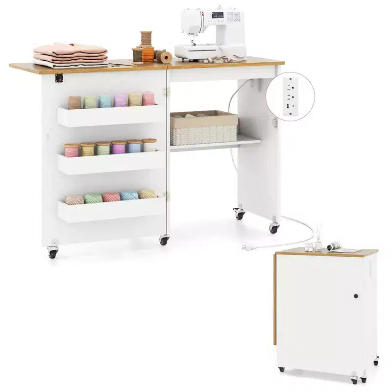 Table pliante pour machine à coudre, roulettes verrouillables, support avec 3 bacs de rangement et prises de courant, blanc/naturel/marron/blanc+naturel