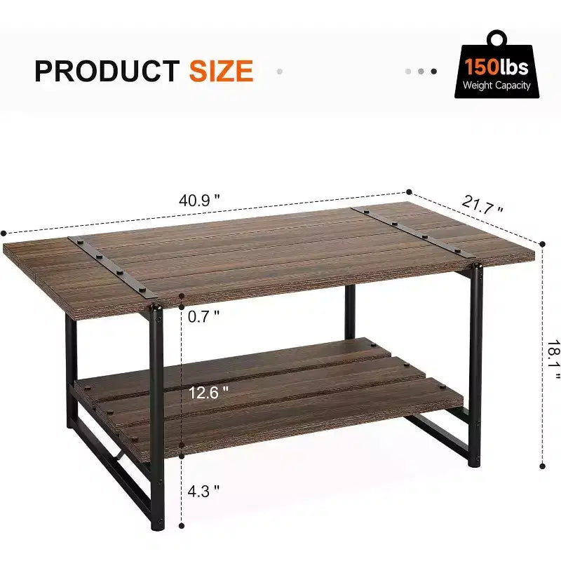Table basse rectangulaire 41 avec 2 niveaux de rangement, plateau brun noyer et cadre en acier noir, robuste et peu encombrante pour salon, bureau, appartement