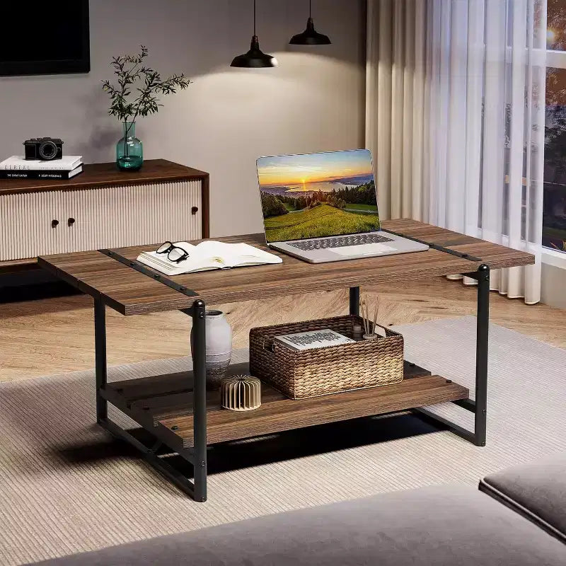 Table basse rectangulaire 41 avec 2 niveaux de rangement, plateau brun noyer et cadre en acier noir, robuste et peu encombrante pour salon, bureau, appartement
