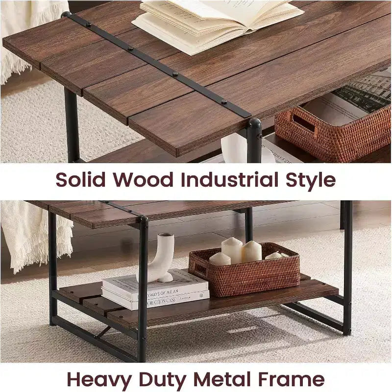 Table basse rectangulaire 41 avec 2 niveaux de rangement, plateau brun noyer et cadre en acier noir, robuste et peu encombrante pour salon, bureau, appartement