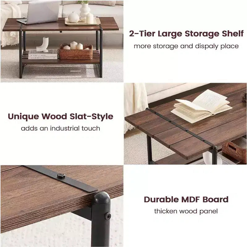 Table basse rectangulaire 41 avec 2 niveaux de rangement, plateau brun noyer et cadre en acier noir, robuste et peu encombrante pour salon, bureau, appartement