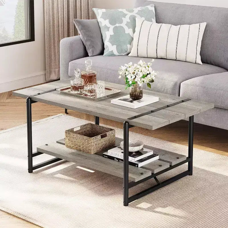 Table basse rectangulaire 41 avec 2 niveaux de rangement, plateau brun noyer et cadre en acier noir, robuste et peu encombrante pour salon, bureau, appartement