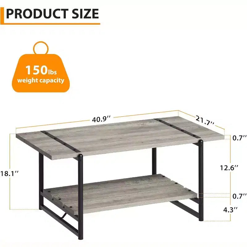 Table basse rectangulaire 41 avec 2 niveaux de rangement, plateau brun noyer et cadre en acier noir, robuste et peu encombrante pour salon, bureau, appartement