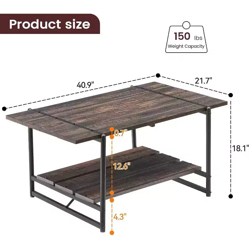 Table basse rectangulaire 41 avec 2 niveaux de rangement, plateau brun noyer et cadre en acier noir, robuste et peu encombrante pour salon, bureau, appartement