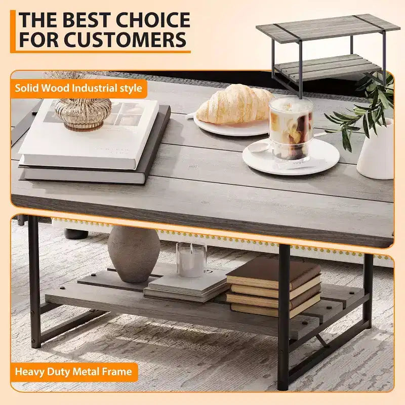 Table basse rectangulaire 41 avec 2 niveaux de rangement, plateau brun noyer et cadre en acier noir, robuste et peu encombrante pour salon, bureau, appartement