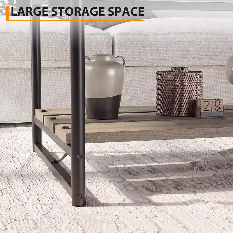 Table basse rectangulaire 41 avec 2 niveaux de rangement, plateau brun noyer et cadre en acier noir, robuste et peu encombrante pour salon, bureau, appartement