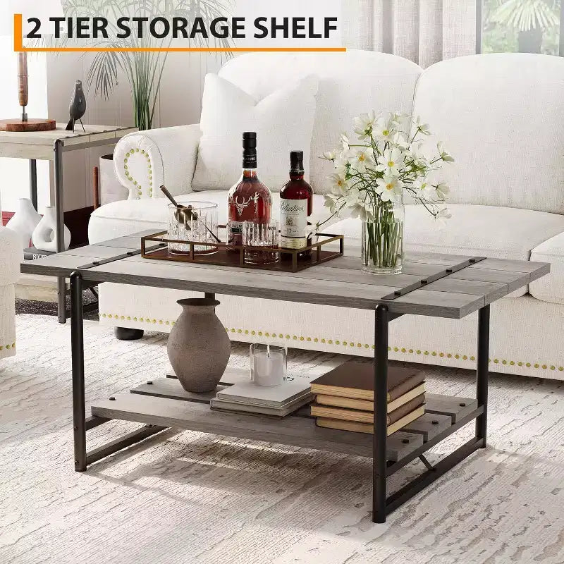 Table basse rectangulaire 41 avec 2 niveaux de rangement, plateau brun noyer et cadre en acier noir, robuste et peu encombrante pour salon, bureau, appartement