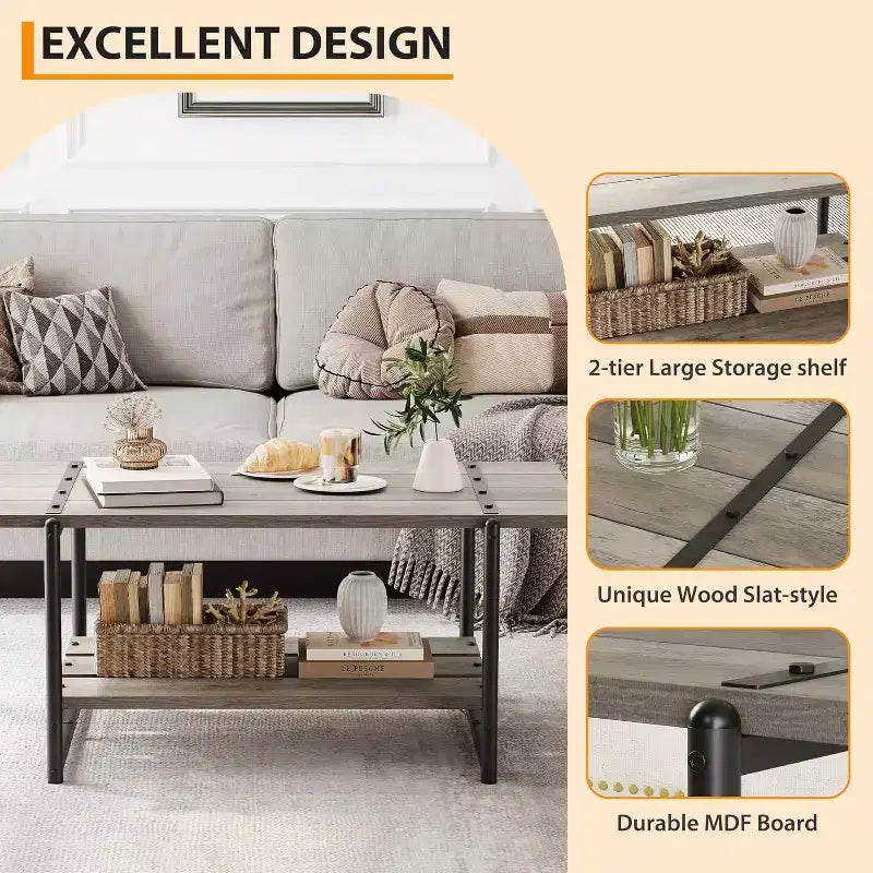 Table basse rectangulaire 41 avec 2 niveaux de rangement, plateau brun noyer et cadre en acier noir, robuste et peu encombrante pour salon, bureau, appartement