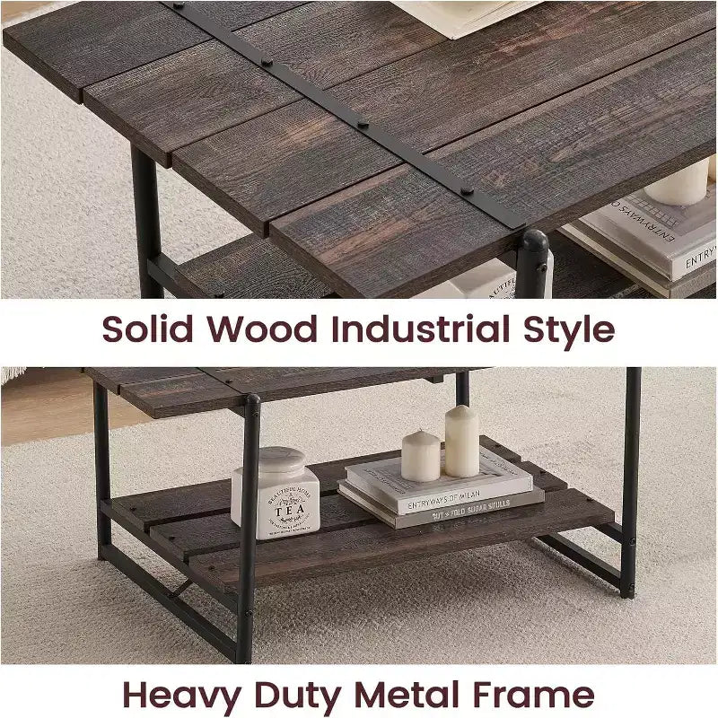 Table basse rectangulaire 41 avec 2 niveaux de rangement, plateau brun noyer et cadre en acier noir, robuste et peu encombrante pour salon, bureau, appartement