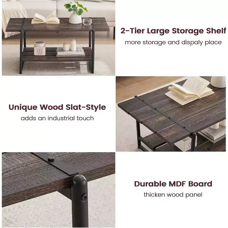 Table basse rectangulaire 41 avec 2 niveaux de rangement, plateau brun noyer et cadre en acier noir, robuste et peu encombrante pour salon, bureau, appartement