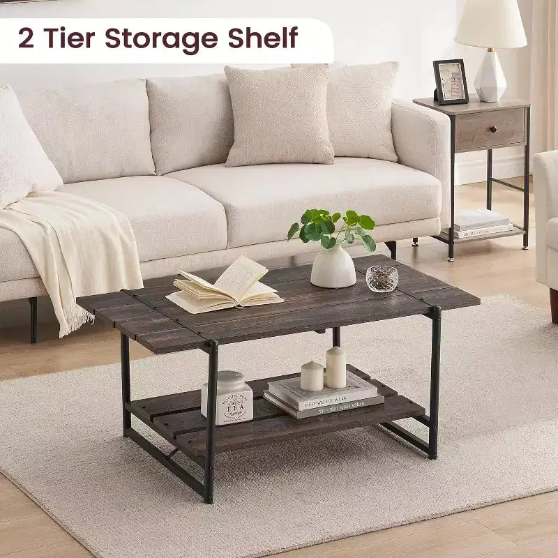 Table basse rectangulaire 41 avec 2 niveaux de rangement, plateau brun noyer et cadre en acier noir, robuste et peu encombrante pour salon, bureau, appartement