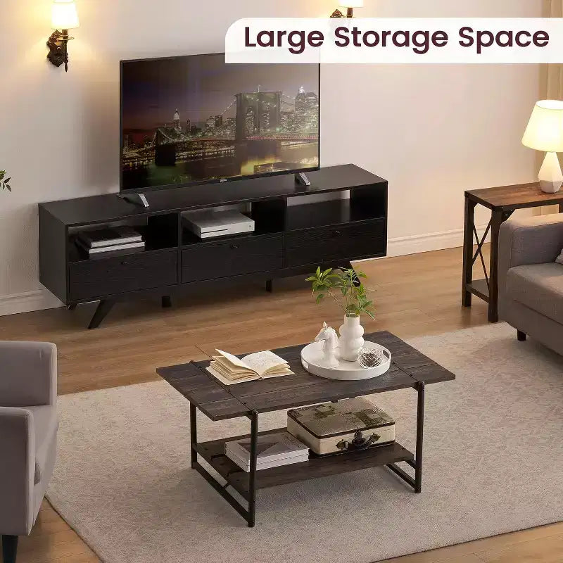 Table basse rectangulaire 41 avec 2 niveaux de rangement, plateau brun noyer et cadre en acier noir, robuste et peu encombrante pour salon, bureau, appartement