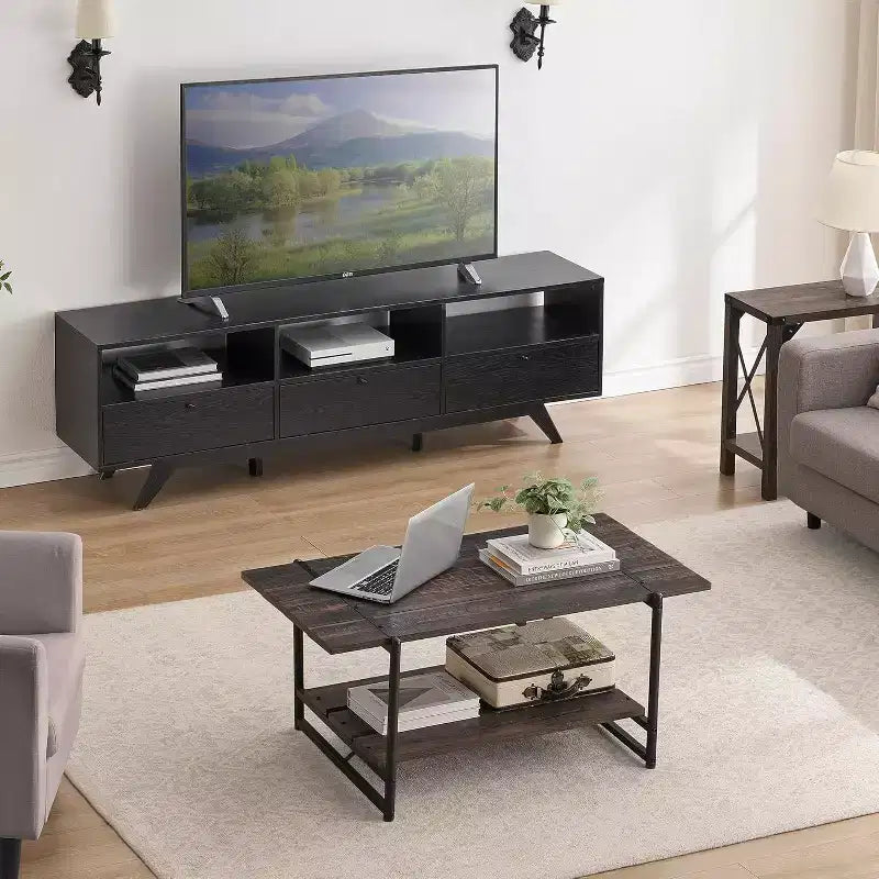 Table basse rectangulaire 41 avec 2 niveaux de rangement, plateau brun noyer et cadre en acier noir, robuste et peu encombrante pour salon, bureau, appartement