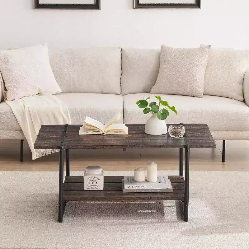 41 Rectangular Coffee Table with 2-Tier Storage, Walnut Brown Top & Black Steel Frame, Sturdy & Space-Saving for Living Room, Office, Apartment