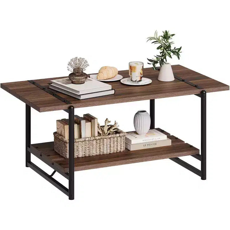 Table basse rectangulaire 41 avec 2 niveaux de rangement, plateau brun noyer et cadre en acier noir, robuste et peu encombrante pour salon, bureau, appartement