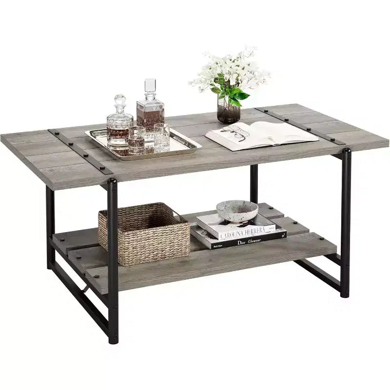 Table basse rectangulaire 41 avec 2 niveaux de rangement, plateau brun noyer et cadre en acier noir, robuste et peu encombrante pour salon, bureau, appartement
