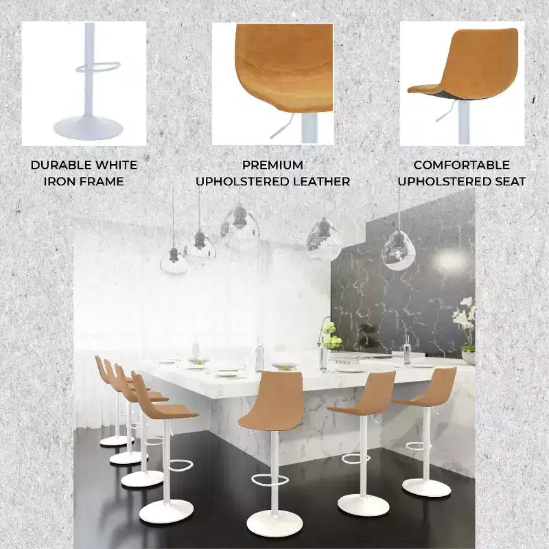 Tabourets de bar Tilbury avec base en fer blanc, hauteur réglable, assise en cuir, fonction pivotante et repose-pieds, lot de 2