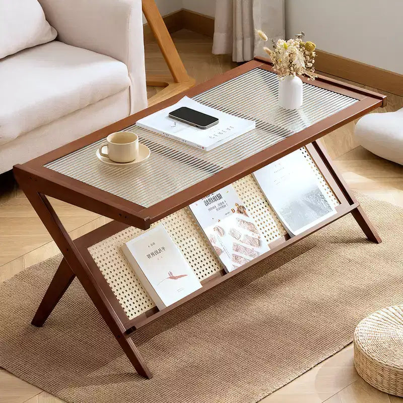 MAYEERTY Rattan Coffee Tables for Living Room Mid Century Modern Boho Coffee Table with Glass Top Brown