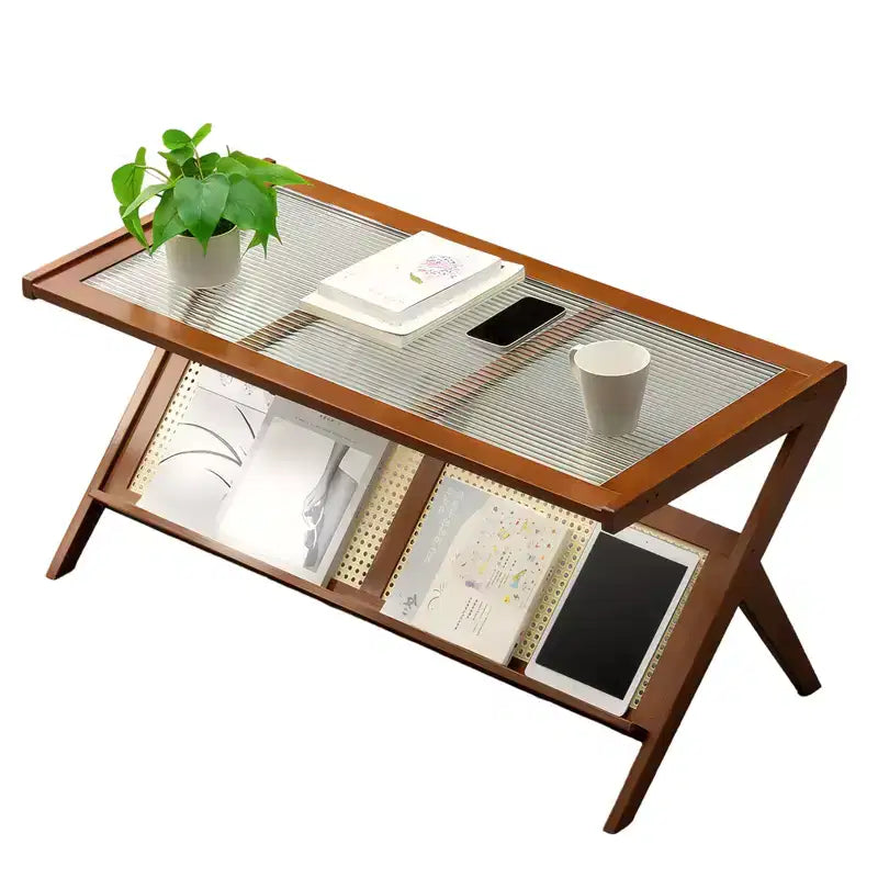 Tables basses en rotin pour salon Table basse bohème moderne du milieu du siècle avec plateau en verre Marron