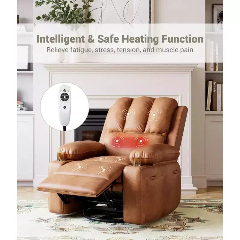 Fauteuil inclinable électrique surdimensionné avec massage, fauteuil inclinable pivotant en cuir PU avec télécommande et porte-gobelets, pour salon, chambre à coucher, chambre d'enfant