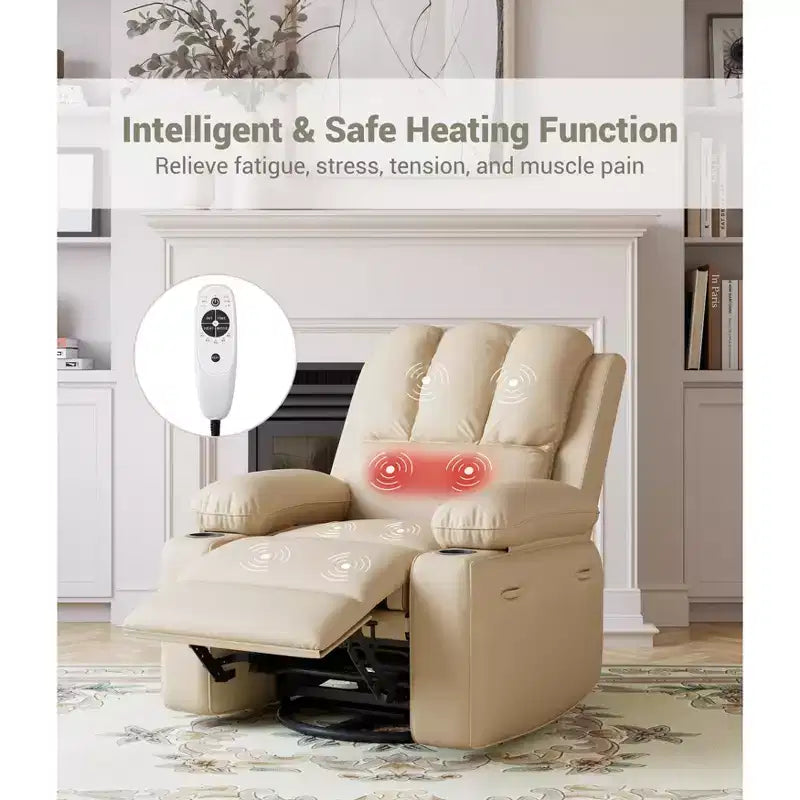 Fauteuil inclinable électrique surdimensionné avec massage, fauteuil inclinable pivotant en cuir PU avec télécommande et porte-gobelets, pour salon, chambre à coucher, chambre d'enfant