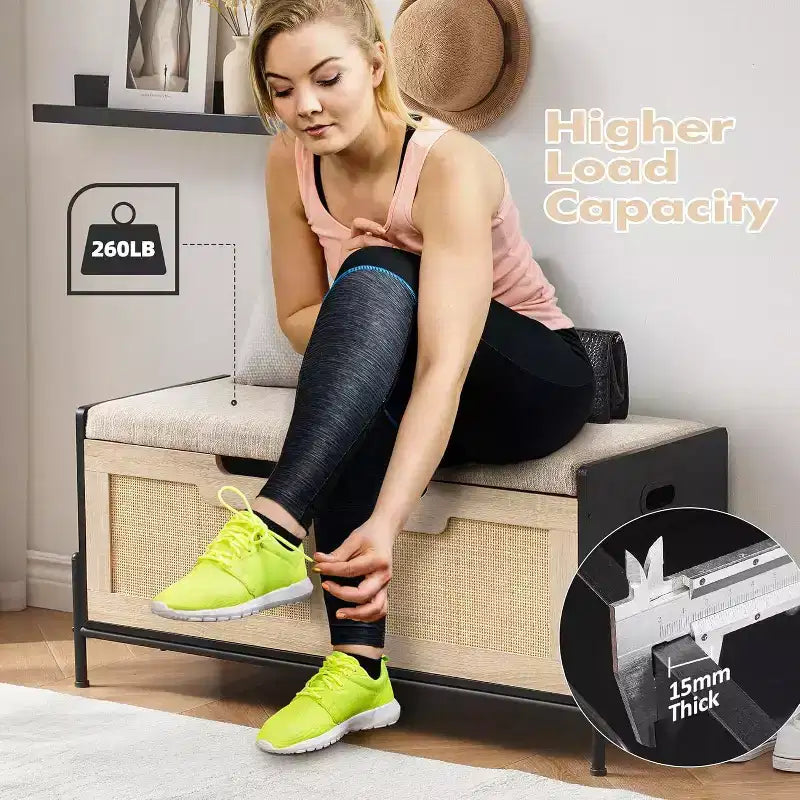 Banc de rangement en rotin avec charnières de sécurité, banc à chaussures de couloir rembourré et coffre de rangement, pour entrée, chambre, salon, naturel