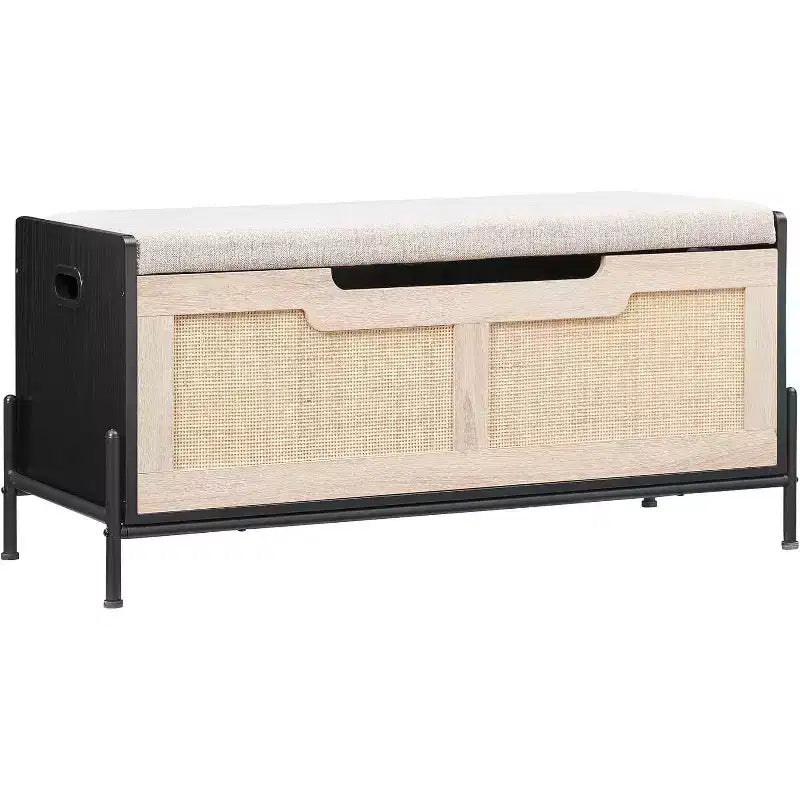 Banc de rangement en rotin avec charnières de sécurité, banc à chaussures de couloir rembourré et coffre de rangement, pour entrée, chambre, salon, naturel
