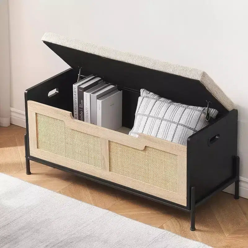Banc de rangement en rotin avec charnières de sécurité, banc à chaussures de couloir rembourré et coffre de rangement, pour entrée, chambre, salon, naturel