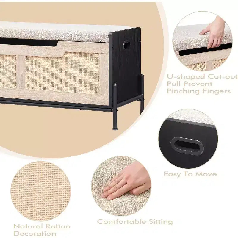 Banc de rangement en rotin avec charnières de sécurité, banc à chaussures de couloir rembourré et coffre de rangement, pour entrée, chambre, salon, naturel