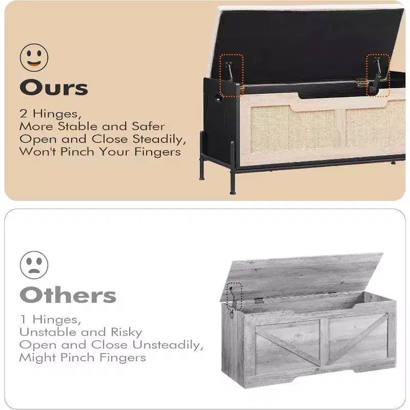 Banc de rangement en rotin avec charnières de sécurité, banc à chaussures de couloir rembourré et coffre de rangement, pour entrée, chambre, salon, naturel