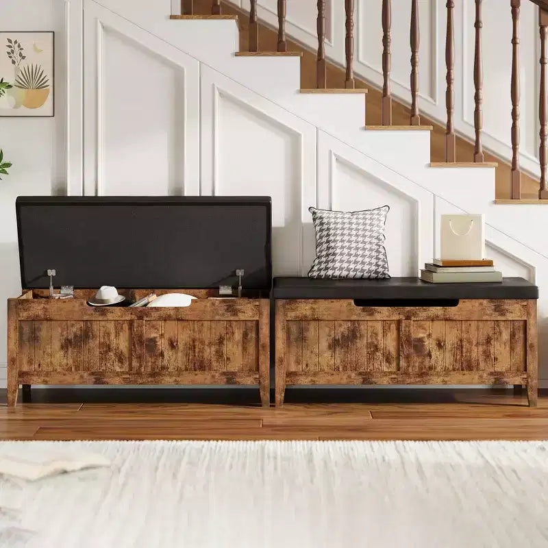 Banc de rangement, coffre de rangement en bois de 100 cm avec 2 charnières de sécurité, banc d'entrée avec couvercle rabattable, grande malle pour salon, chambre à coucher
