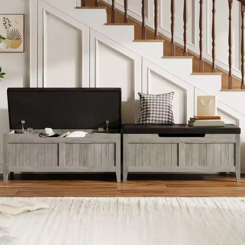 Banc de rangement, coffre de rangement en bois de 100 cm avec 2 charnières de sécurité, banc d'entrée avec couvercle rabattable, grande malle pour salon, chambre à coucher