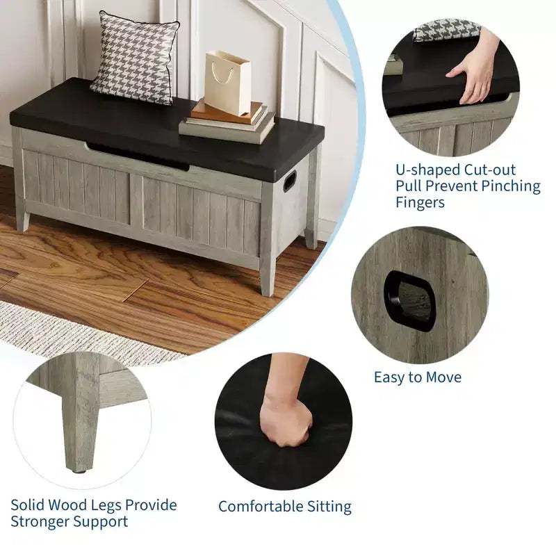 Banc de rangement, coffre de rangement en bois de 100 cm avec 2 charnières de sécurité, banc d'entrée avec couvercle rabattable, grande malle pour salon, chambre à coucher