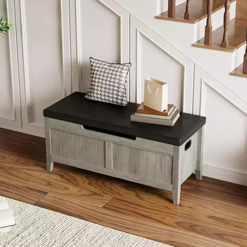 Banc de rangement, coffre de rangement en bois de 100 cm avec 2 charnières de sécurité, banc d'entrée avec couvercle rabattable, grande malle pour salon, chambre à coucher