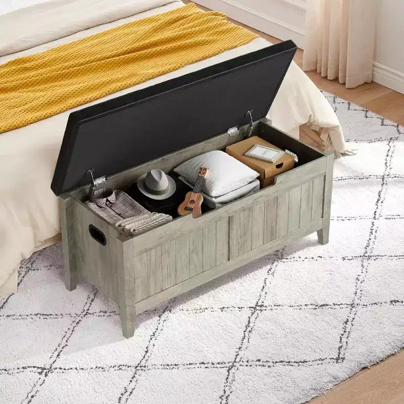 Banc de rangement, coffre de rangement en bois de 100 cm avec 2 charnières de sécurité, banc d'entrée avec couvercle rabattable, grande malle pour salon, chambre à coucher