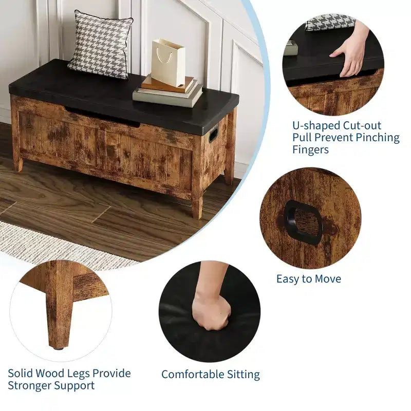 Banc de rangement, coffre de rangement en bois de 100 cm avec 2 charnières de sécurité, banc d'entrée avec couvercle rabattable, grande malle pour salon, chambre à coucher