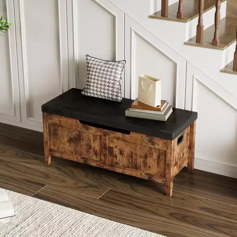 Banc de rangement, coffre de rangement en bois de 100 cm avec 2 charnières de sécurité, banc d'entrée avec couvercle rabattable, grande malle pour salon, chambre à coucher