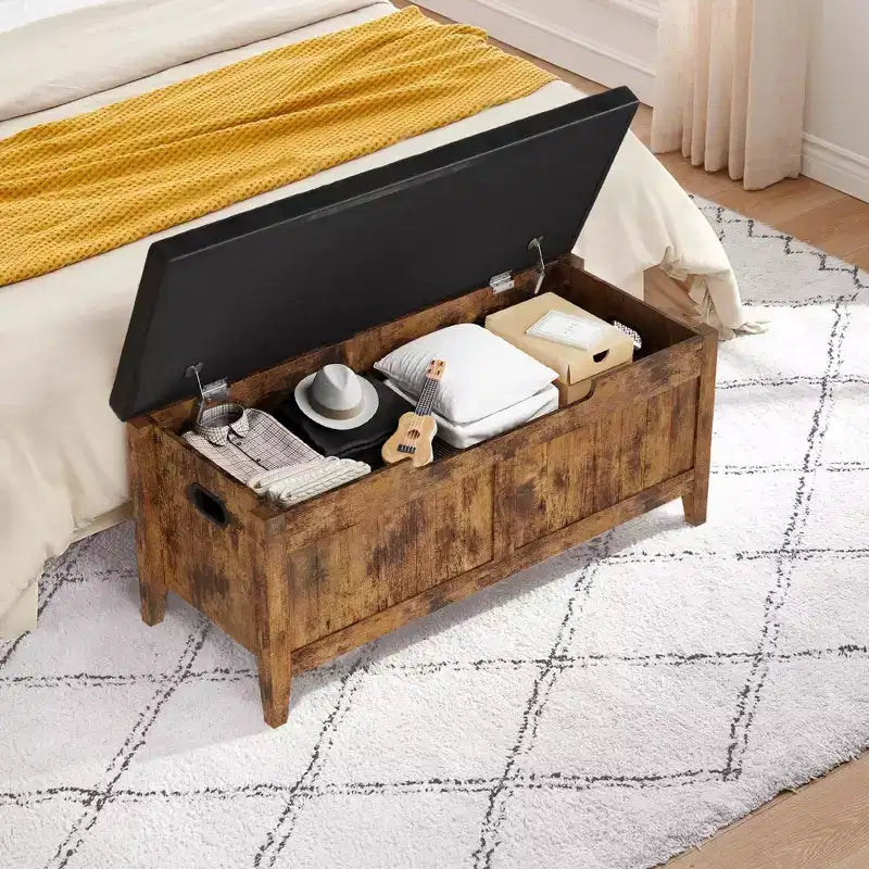 Banc de rangement, coffre de rangement en bois de 100 cm avec 2 charnières de sécurité, banc d'entrée avec couvercle rabattable, grande malle pour salon, chambre à coucher