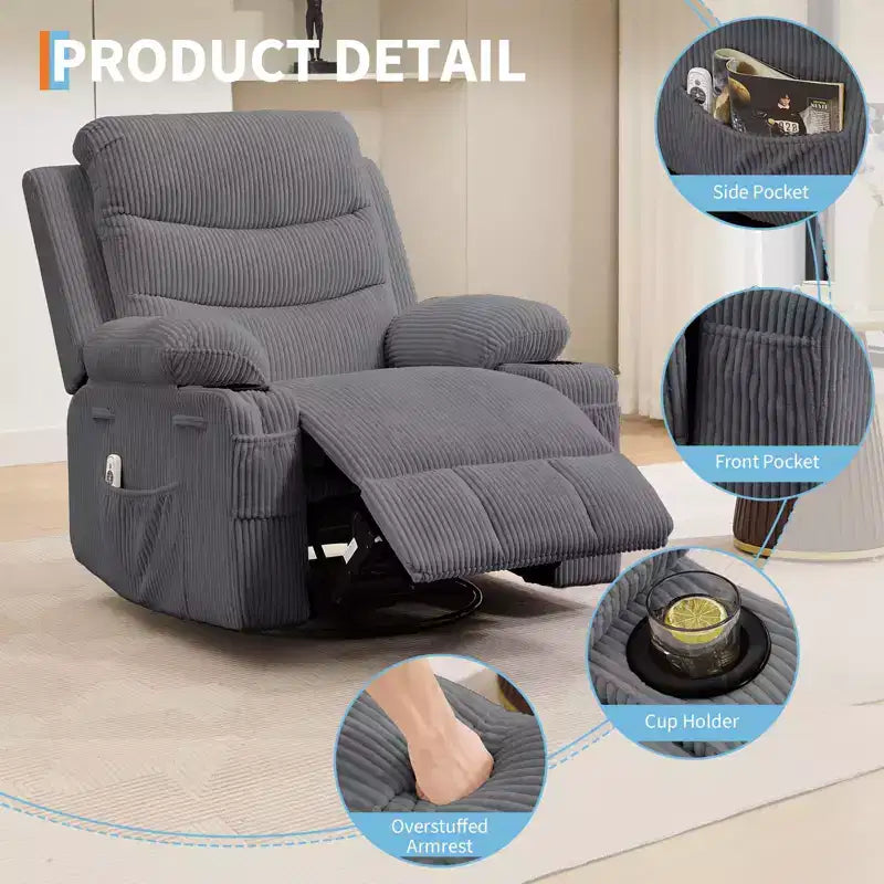 Fauteuil inclinable en cuir pour chambre à coucher, fauteuil inclinable manuel surdimensionné, fauteuil à bascule pivotant à 360° avec porte-gobelet