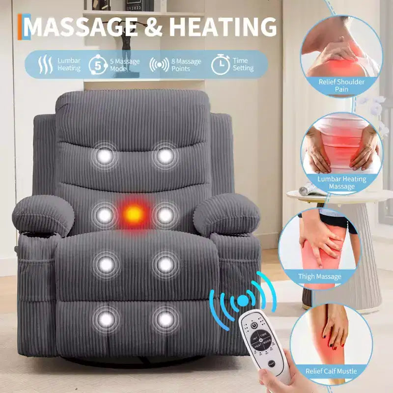 Fauteuil inclinable en cuir pour chambre à coucher, fauteuil inclinable manuel surdimensionné, fauteuil à bascule pivotant à 360° avec porte-gobelet