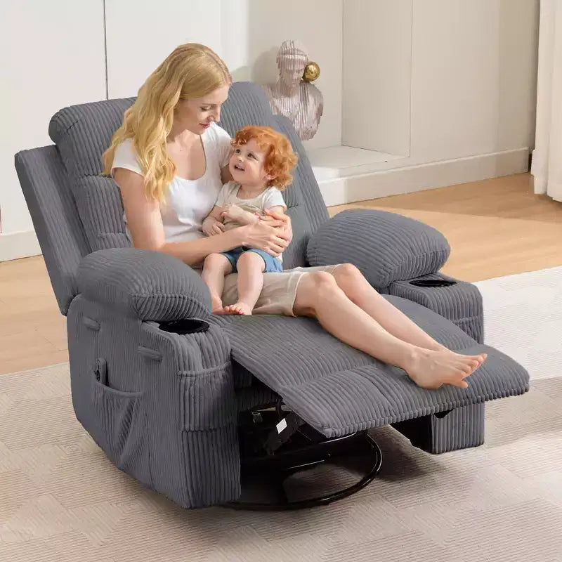 Fauteuil inclinable en cuir pour chambre à coucher, fauteuil inclinable manuel surdimensionné, fauteuil à bascule pivotant à 360° avec porte-gobelet