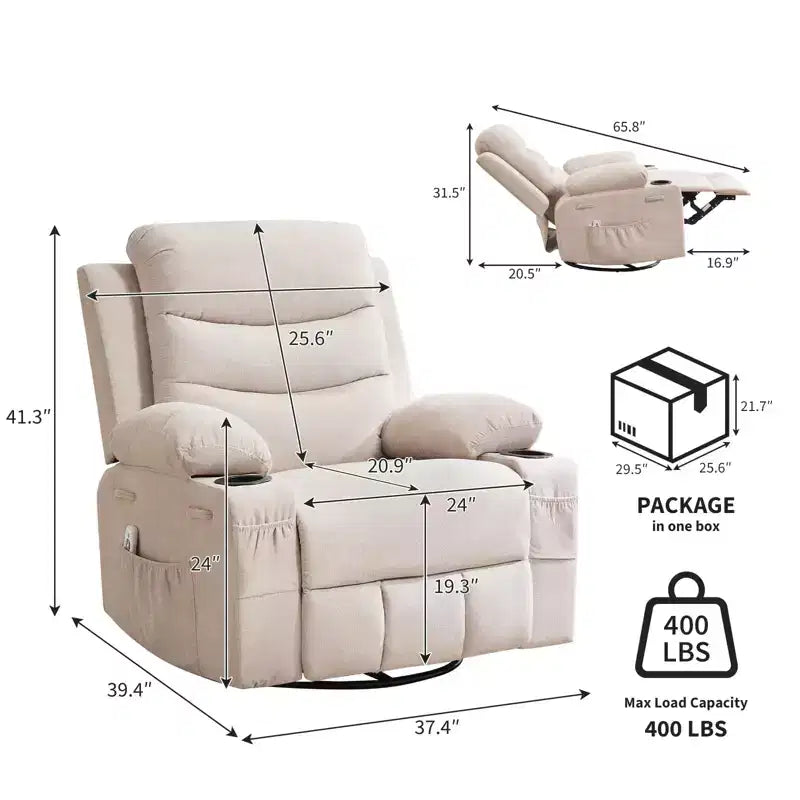 Fauteuil inclinable en cuir pour chambre à coucher, fauteuil inclinable manuel surdimensionné, fauteuil à bascule pivotant à 360° avec porte-gobelet