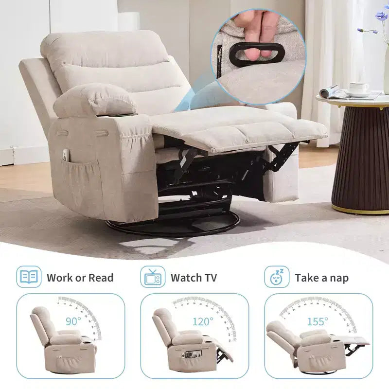 Fauteuil inclinable en cuir pour chambre à coucher, fauteuil inclinable manuel surdimensionné, fauteuil à bascule pivotant à 360° avec porte-gobelet