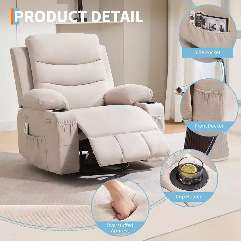 Fauteuil inclinable en cuir pour chambre à coucher, fauteuil inclinable manuel surdimensionné, fauteuil à bascule pivotant à 360° avec porte-gobelet