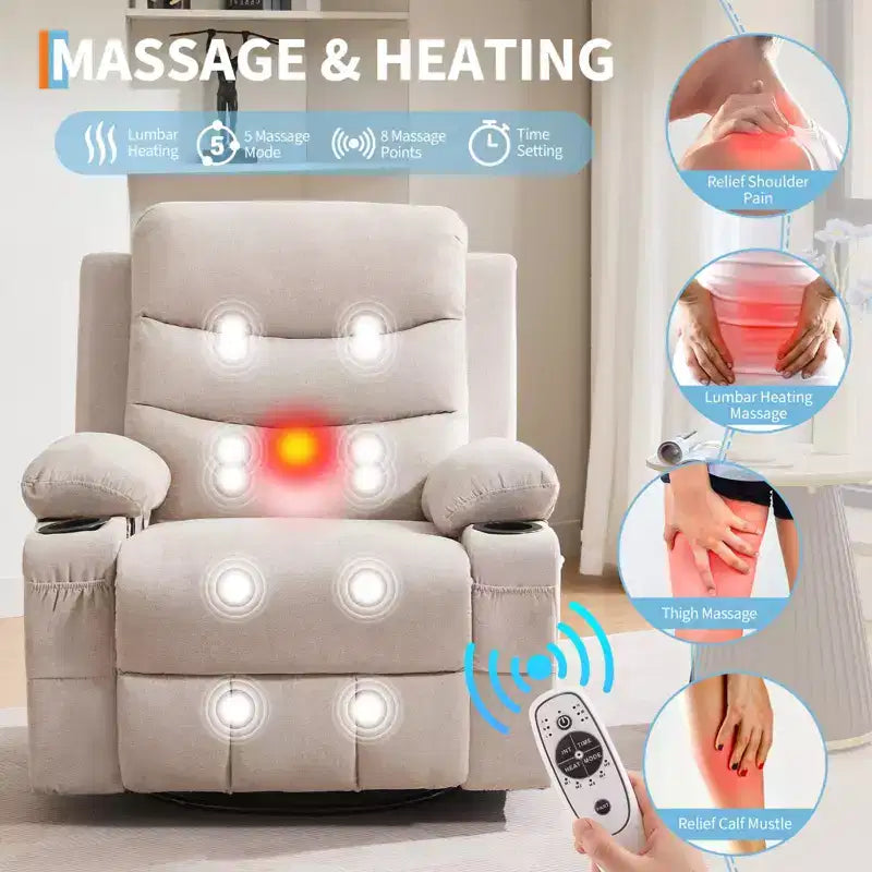Fauteuil inclinable en cuir pour chambre à coucher, fauteuil inclinable manuel surdimensionné, fauteuil à bascule pivotant à 360° avec porte-gobelet