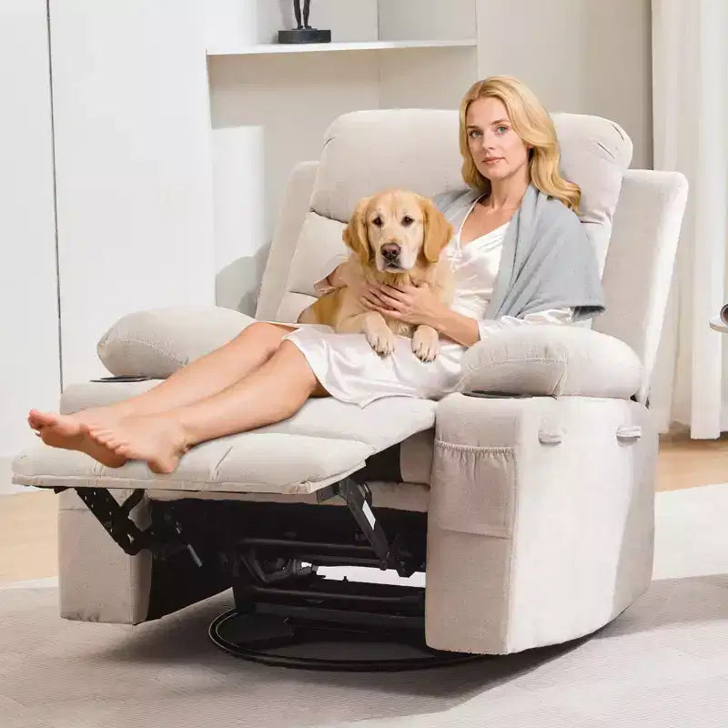 Fauteuil inclinable en cuir pour chambre à coucher, fauteuil inclinable manuel surdimensionné, fauteuil à bascule pivotant à 360° avec porte-gobelet